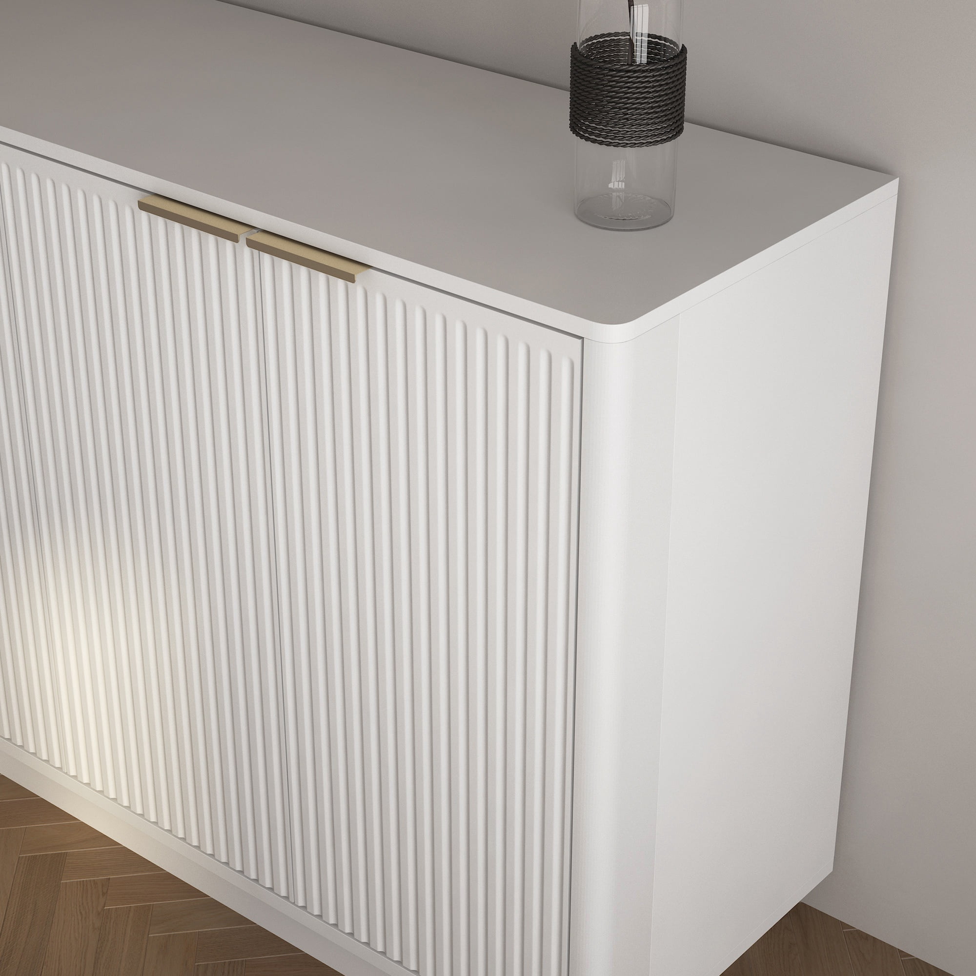 PORKISS 55.1" Fluted Sideboard, Modern Wood Buffet Cabinet with Storage, Accent Cabinet with Adjustable Shelves for Dining Room, Living Room & Entryway, White