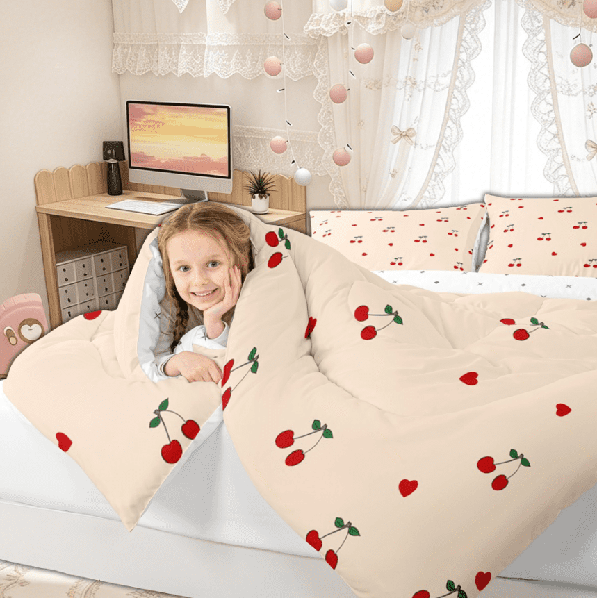 Manfei Kawaii Orange Cartoon Cherry Queen Comforter Set for Kids Girls, Cute Love Heart Bedding Sets, Reversible, 3-Piece