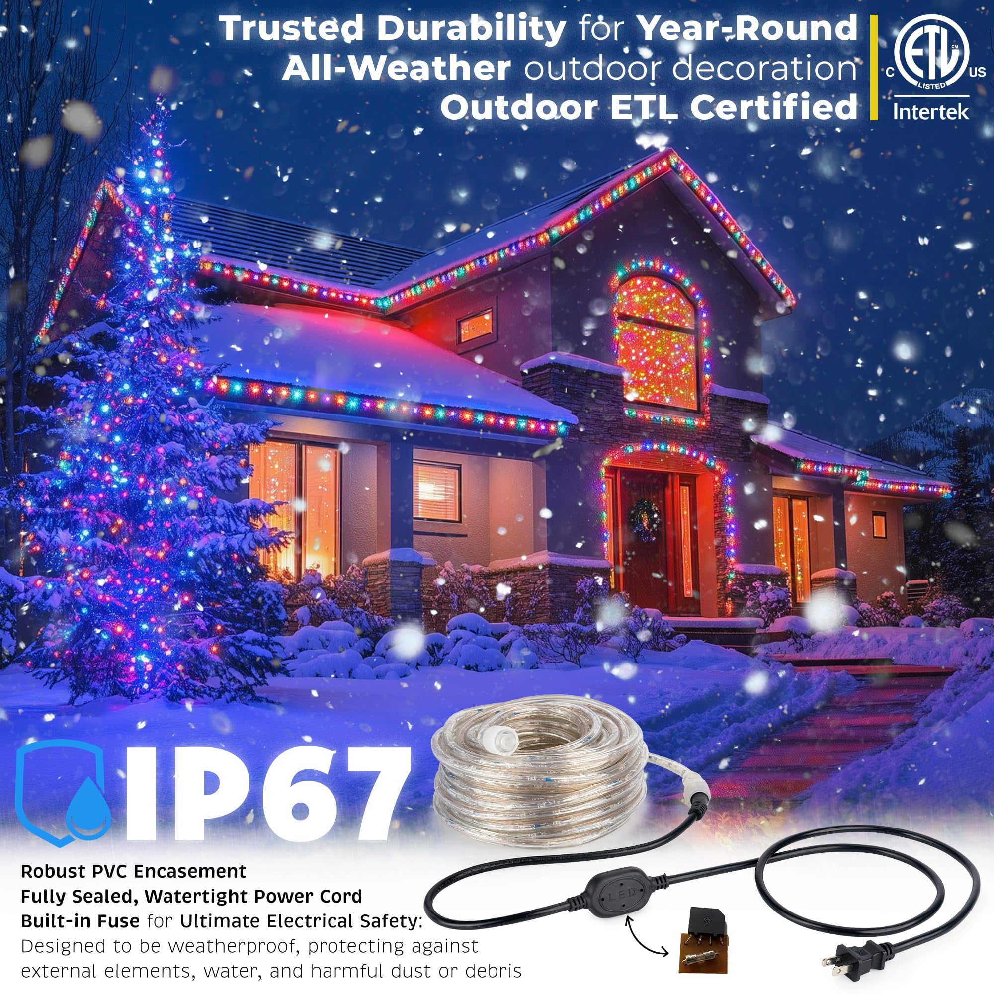 WYZworks 50 ft Extendable LED Rope Lights (Blue, Clear White, Green, Orange, Red, RGB, Warm White) - ETL Safety Certified, Christmas Xmas Tree Holiday Decoration Indoor/Outdoor Lighting - RGB