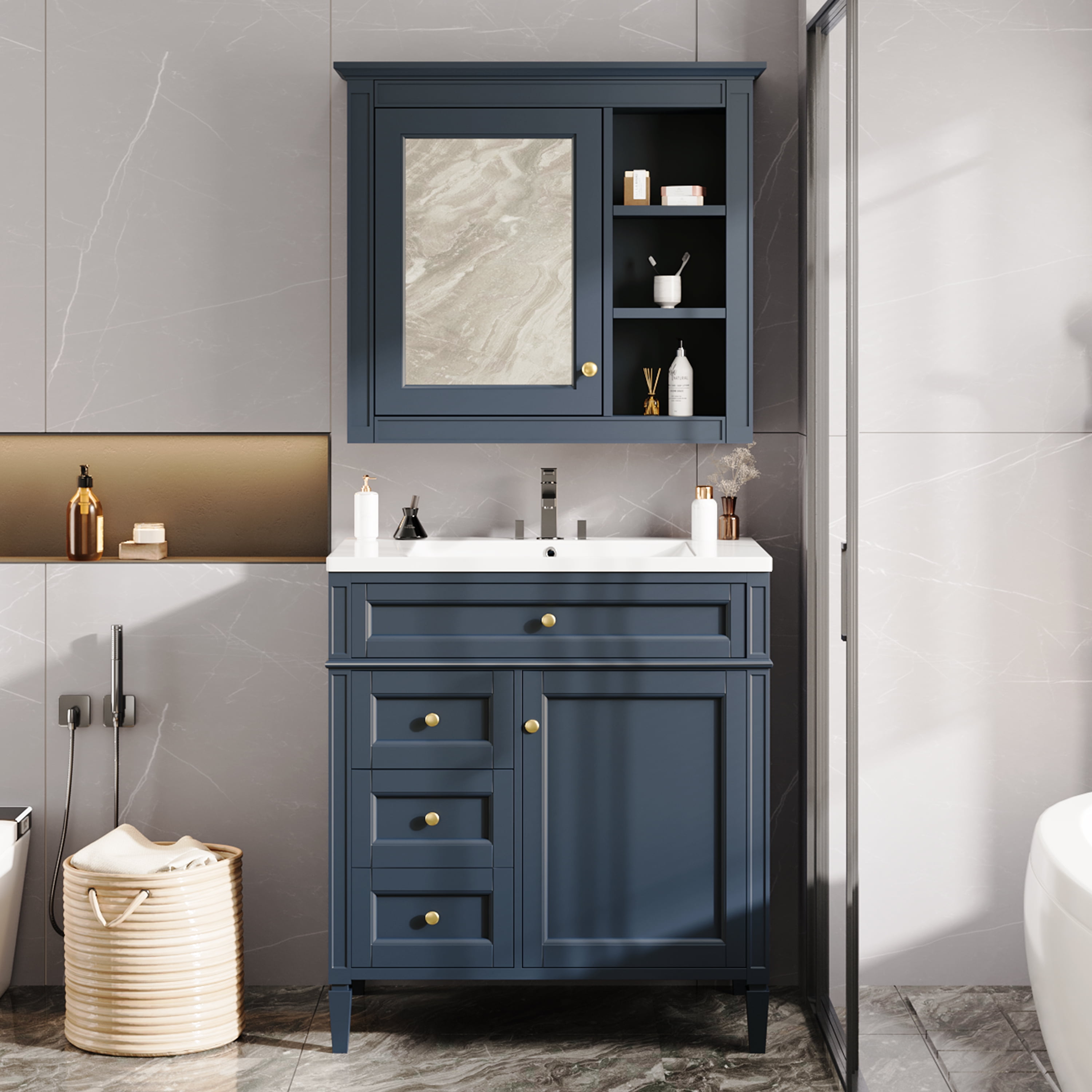 30'' Bathroom Vanity with Top Sink, Modern Bathroom Storage Cabinet with 2 Drawers and a Tip-out Drawer,  Freestanding Vanity Set with Mirror Cabinet, Single Sink Bathroom Vanity