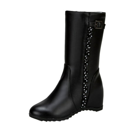 

New Fashion Warm Female Boots Ladies Fashion Leather Lace Trim Belt Buckle Side Zipper Inner Middle Boots