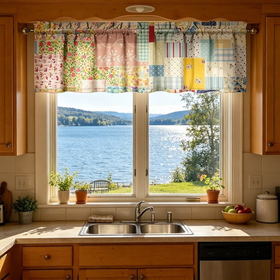 Patchwork Floral Plaid Print Short Cafe Curtain,Light Filtering Washable Half Window Tier,Valance Curtain for Kitchen,Laundry,Cafe Home Decor