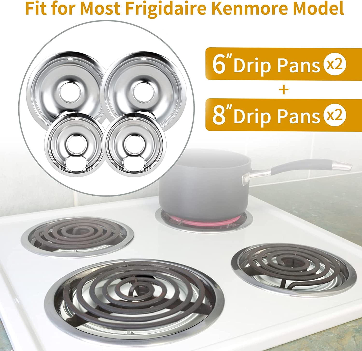 4 Pack Chrome Drip Pans, Compatible with Whirpool Kenmore Frigirate Stove Top Drip Bowls. Include 2 Pcs 6'' Range Replacement Drip Pans and 2 Pcs 8 '' Cooktop Drip Pans