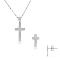 Stainless Steel Silver-Tone Cross Stud Earrings Necklace Pendant Set