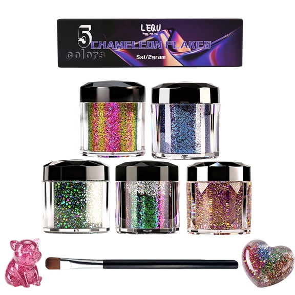 LEQU Chameleon Flakes 0.5 Grams 5 Colors Optical Chameleon Thick Slice Pigment Powder 5 Pack