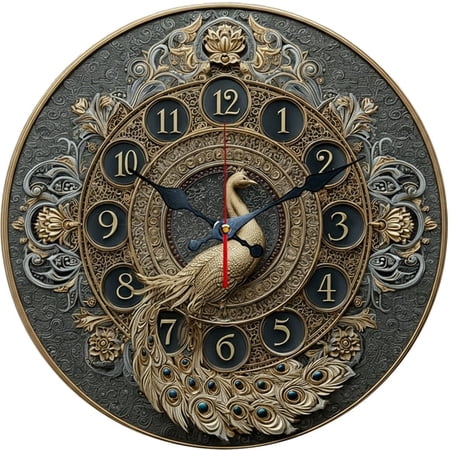 SBEMP10 Inch Silent Wall Clock, 3D Embossed Peacock Vintage Decorative Wall Clock, Battery Operated Non-Ticking Round Clock for Living Room Bedroom Luxury Home Decor