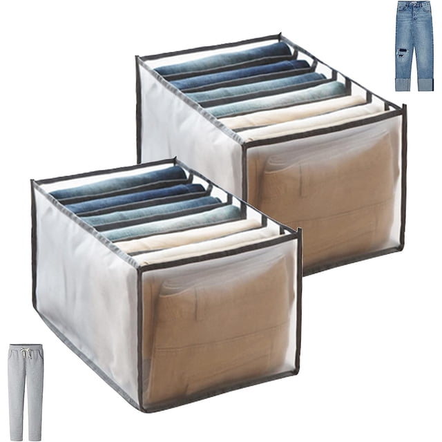 Juego de 2 organizadores de ropa vaquera, organizador de cajón de mezclilla plegable con compartimento de mezclilla, ideal para guardar camisetas, pantalones (gris, 7 compartimentos 25x