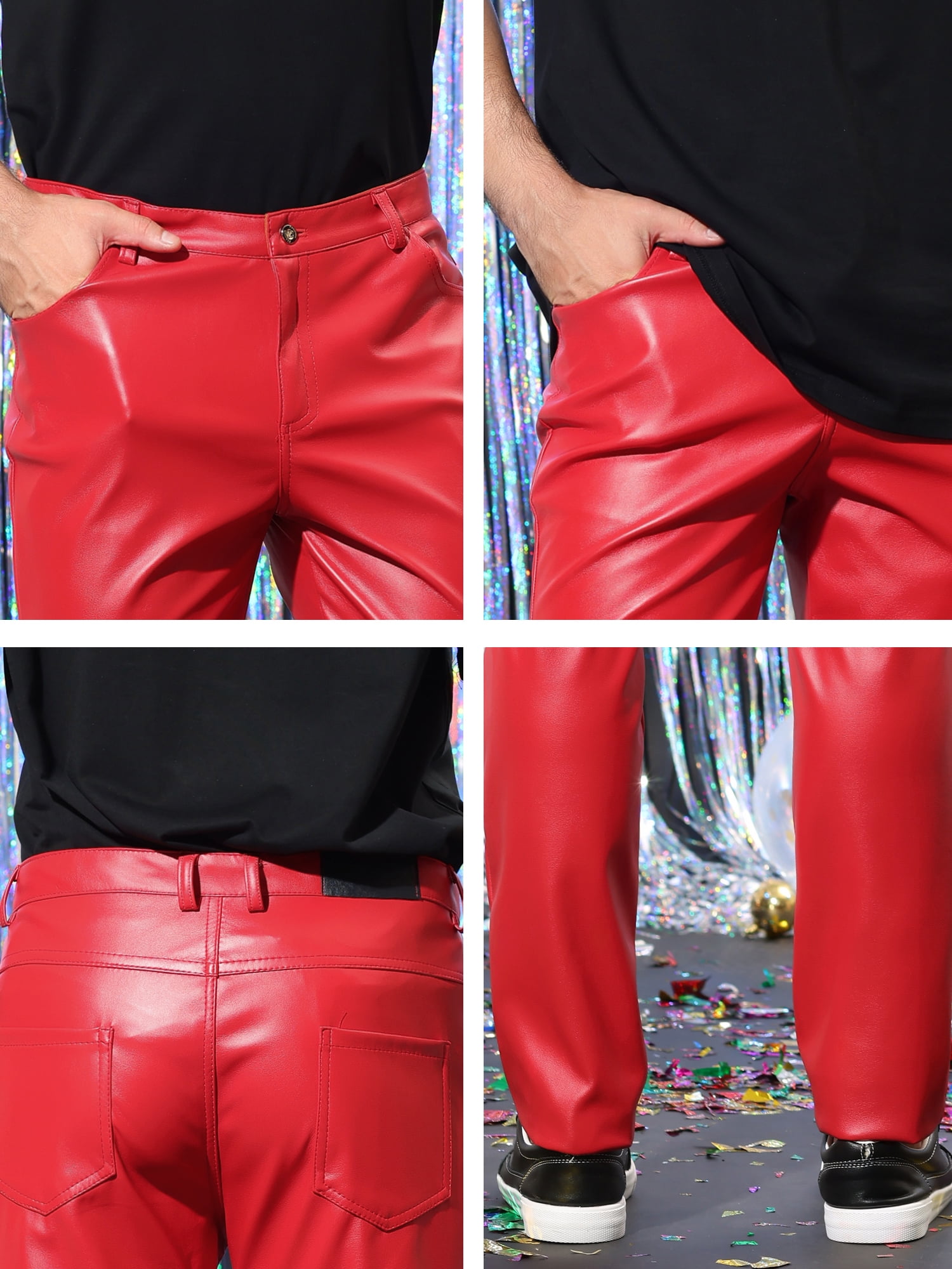 INSPIRE CHIC Men's Pants Faux Leather Slim Fit Zip-Fly Solid Pants 38 Red