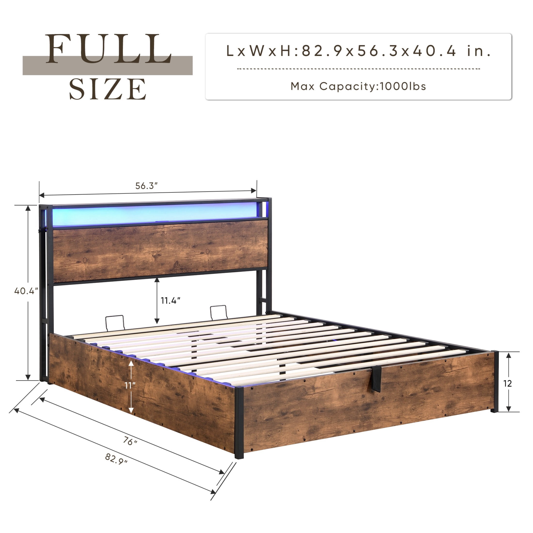 AENKYO Lift-up Storage Bed Full Size Bed Frame with LED Lights, Platform Bed Frame with Charging Station, Rustic Brown