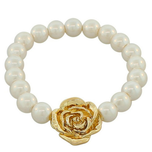 Fashion Alloy White Simulated Pearls Gold-Tone Flowers Floral Design Stretch Bracelet