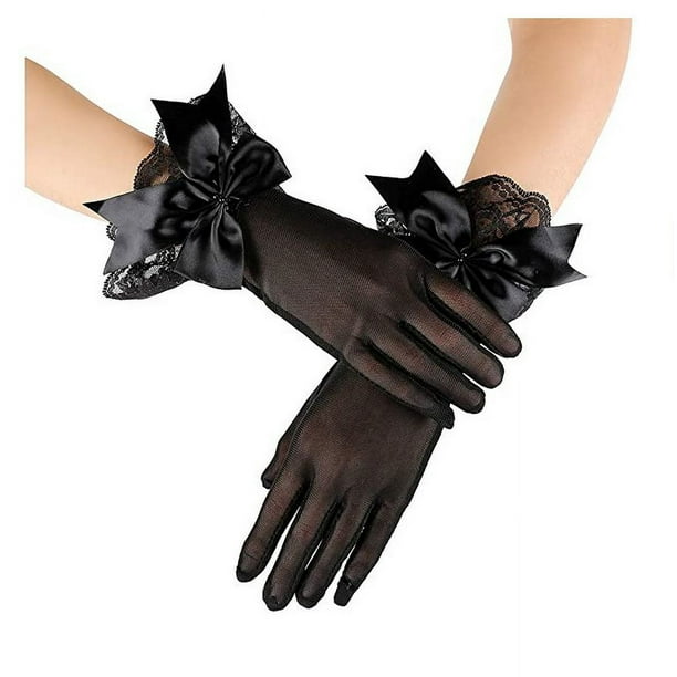 Guantes de novia para vestido de boda, de malla corta, con lazo de encaje negro, hermosos guantes