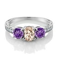 thumbnail image 2 of Gem Stone King 1.72 Ct Oval Peach Morganite Purple Amethyst 925 Sterling Silver Moissanite Ring (Size 8), 2 of 4