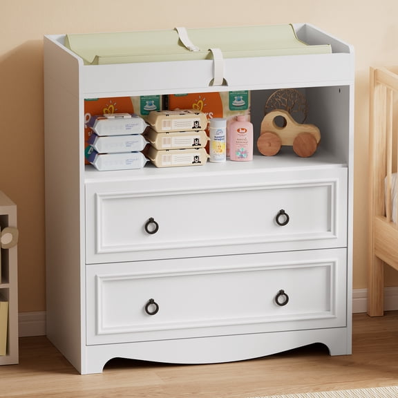 Hommpa White Changing Table with 2 Large Baby Drawers,Heavy-Duty Diaper Changing Station, White Nursery Dresser Organizer, Kids & Baby Bedroom Furniture