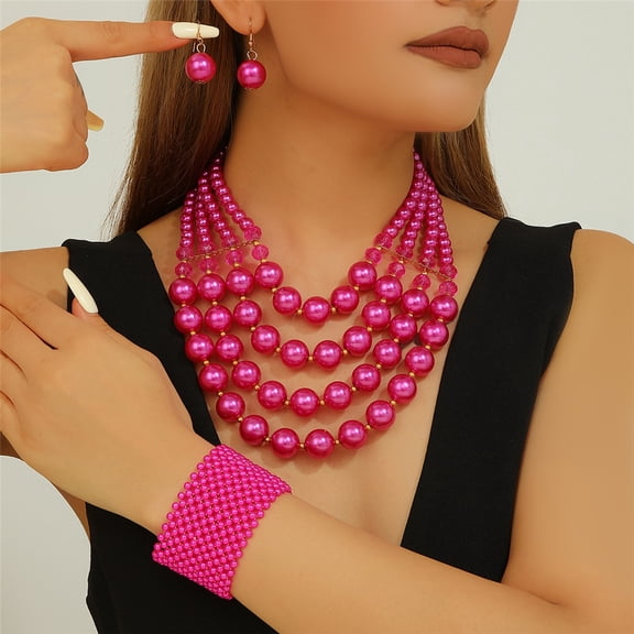 3pcs/set 3pcs/set Multi-Layer ABS Pearl Necklace Earrings Elastic Pearl Bracelet Set Street Style Colorblock Design All Seasons Jewelry