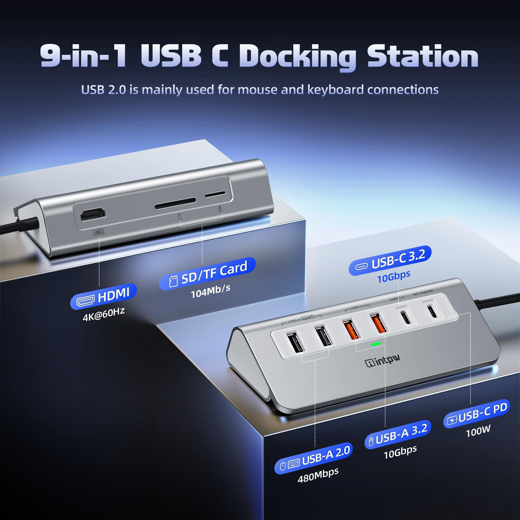 INTPW Powered USB C Hub for Laptop, 9-Port USB Hub with 10Gbps Data Transfer, 4K HDMI, 100W PD Charging, Multiport Adapter for MacBook, Windows PC