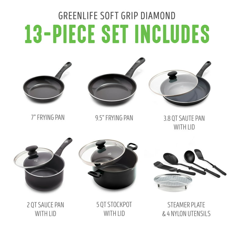 GreenLife 18-Piece Soft Grip Toxin-Free Healthy Ceramic Non-Stick Cookware  Set, Yellow, Dishwasher Safe 