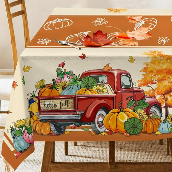 Fall Tablecloth 60×84 Inch, Fall Decorations Gnomes Table Cloth for Rectangle Red Truck, Orange Fall Decor Pumpkin Tablecloths Polyester Vintage for Picnic Party Dinner Thanksgiving