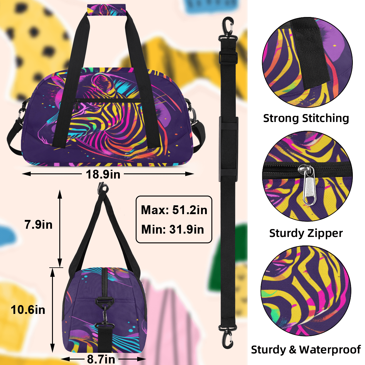 Herdesigns Zebra Sports Duffle Bag for Women & Men, Gym Bag Dance Bag Overnight Bag Carry On Weekender Travel Bag