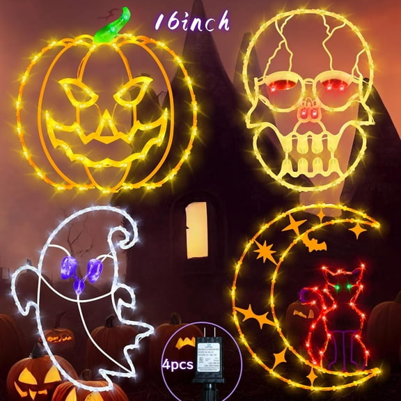 16" Halloween Window decorate Plug Light Ghost Cat on Moon Skull Head  Pumpkin door decor-4 Pack Halloween Window lights