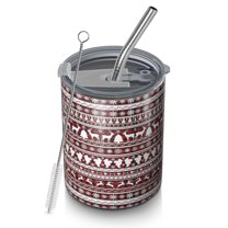 12oz Coffee Tumblers Red and White Christmas Folk Pattern Stainless Steel Vacuum Insulated Travel Tumbler Coffee Cups Mug with Lid and Straw with Cleaning Brush for Cold & Hot Drinks