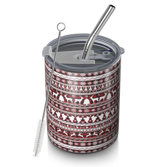12oz Coffee Tumblers Red and White Christmas Folk Pattern Stainless Steel Vacuum Insulated Travel Tumbler Coffee Cups Mug with Lid and Straw with Cleaning Brush for Cold & Hot Drinks