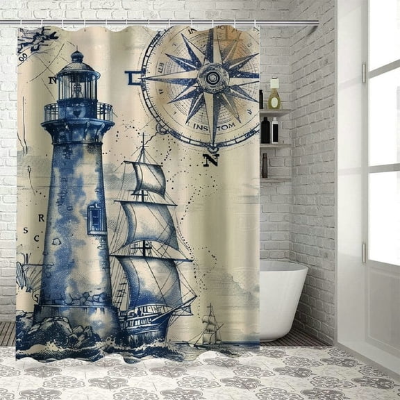 PRATYUS  Nautical Sailboat Shower Curtain for Bathroom Lighthouse Compass Anchor Decorative Bath Curtain Polyester Fabric Waterproof Bathroom Curtain with Hooks 36x72