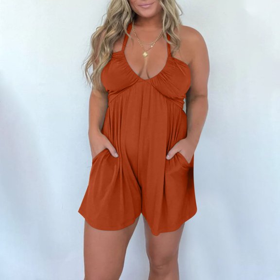 Nuoqisi Womens Summer Casual Sleeveless Romper Loose Adjustable Spaghetti Strap Shorts Jumpsuits with Pockets 2026 Clothes