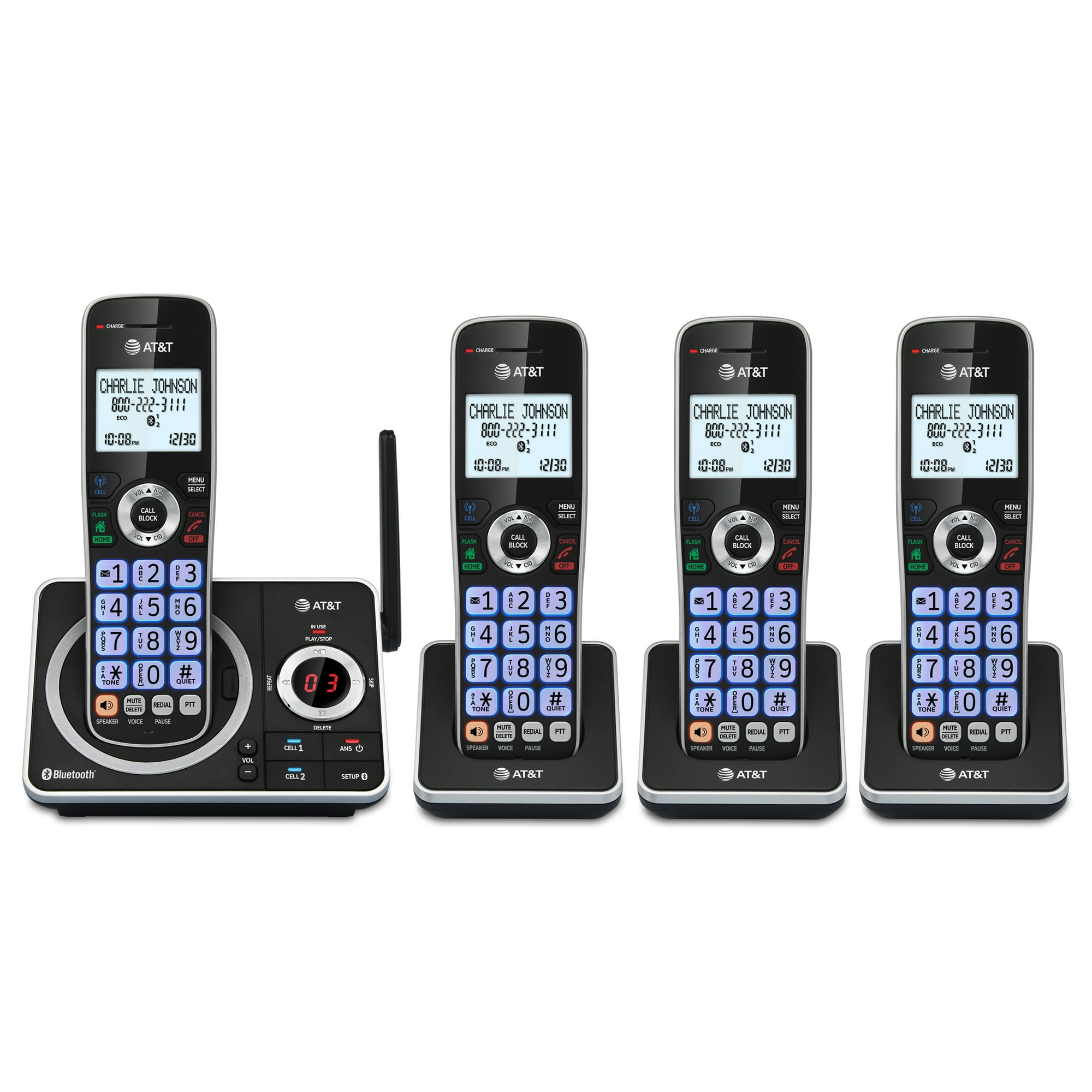 AT&T 4-Handset Expandable Cordless Phone with Unsurpassed Range, Bluetooth Connect to Cell, Smart Call Blocker and Answering System, DLP72412 (Black)