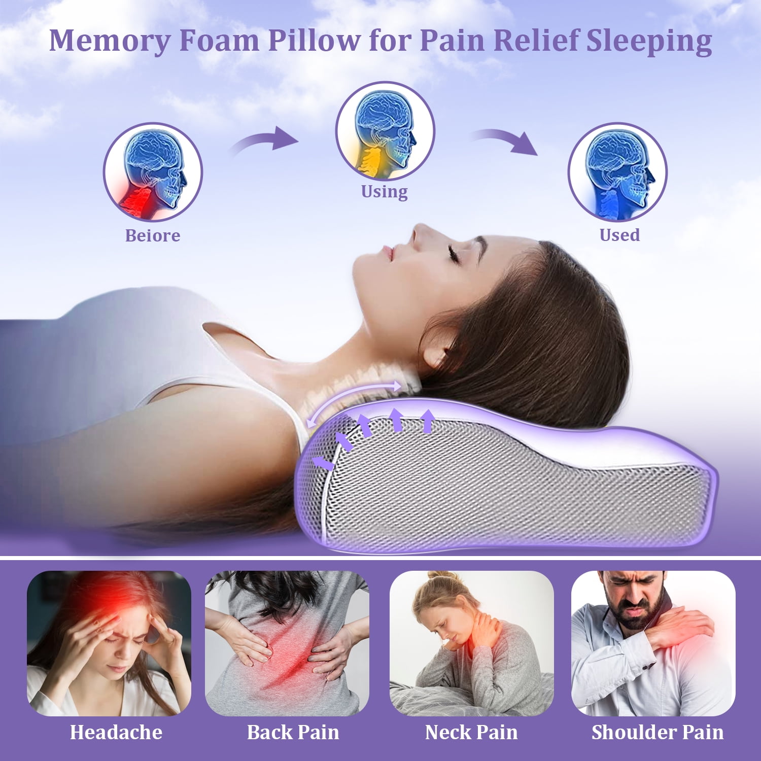 Cervical Neck Pillow for Neck Pain Relief, Ergonomic Memory Foam Pillow Bed Pillows for Body Side Back Stomach Sleeping, 23.6''x 13.3''x 4.3'',White
