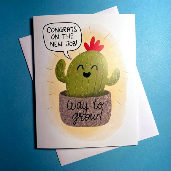 Congrats on the New Job Cactus Greeting Card – "Way to Grow!" Fun Design – Blank Inside, Envelope Included – Perfect for Celebrating New Beginnings