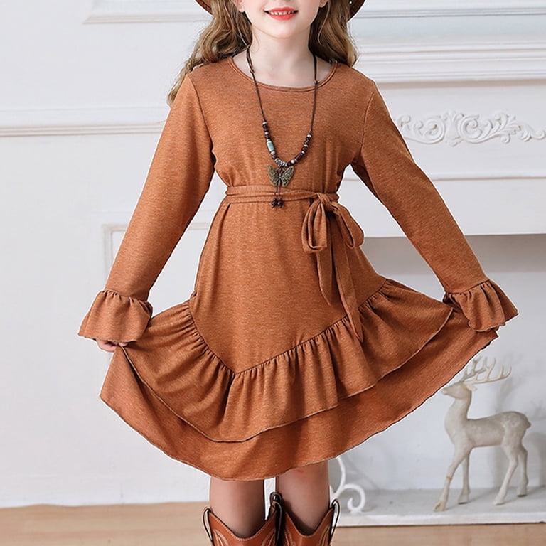 Gaexia Long Sleeve Toddler Girl Dress,Girls Dresses Loose Plain Casual Ruffle Swing Midi Dress With Belt,Brown,13-14 Years