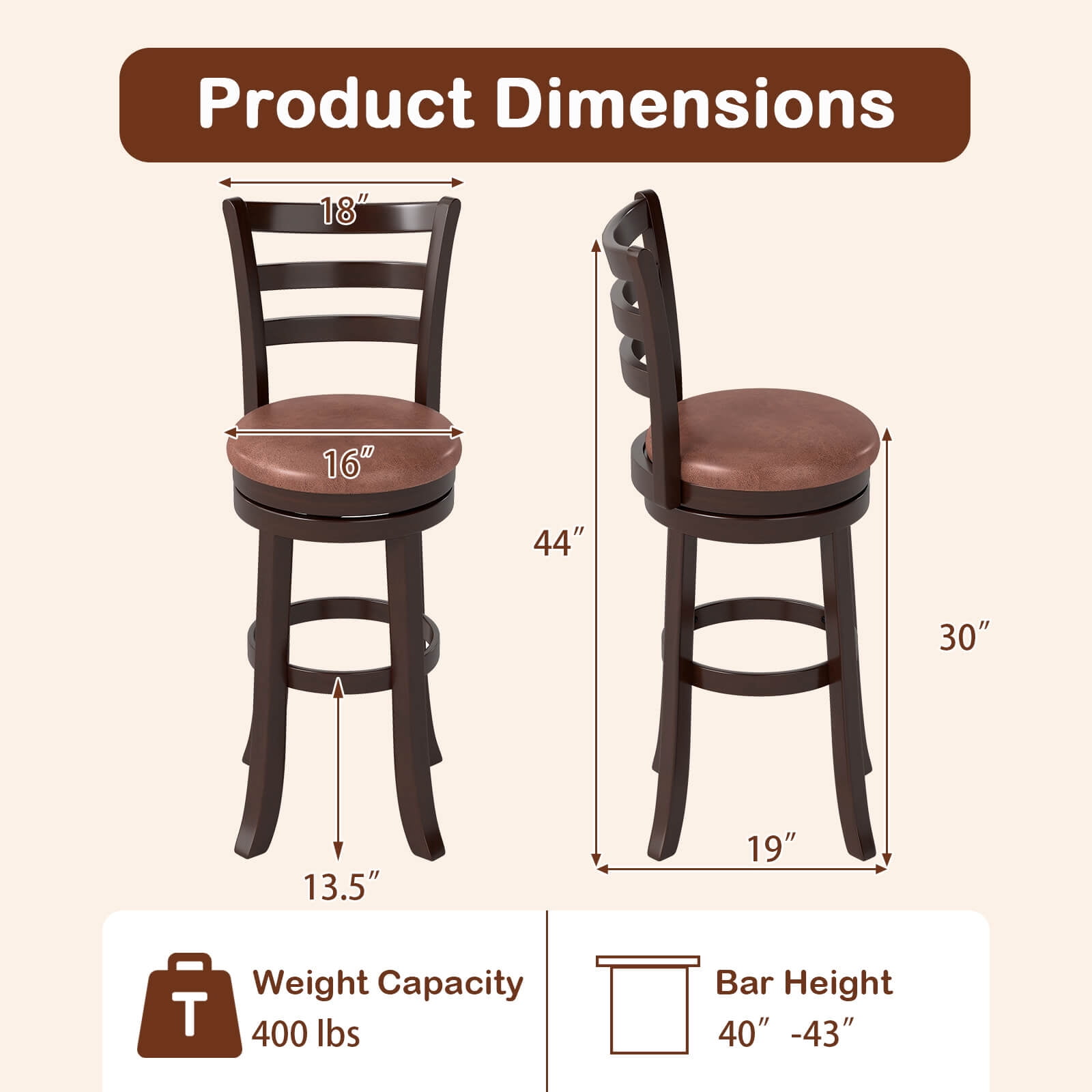 Costway 30” Bar Height Swivel Barstools Set of 2 with Back, Faux Leather Seat for Pub