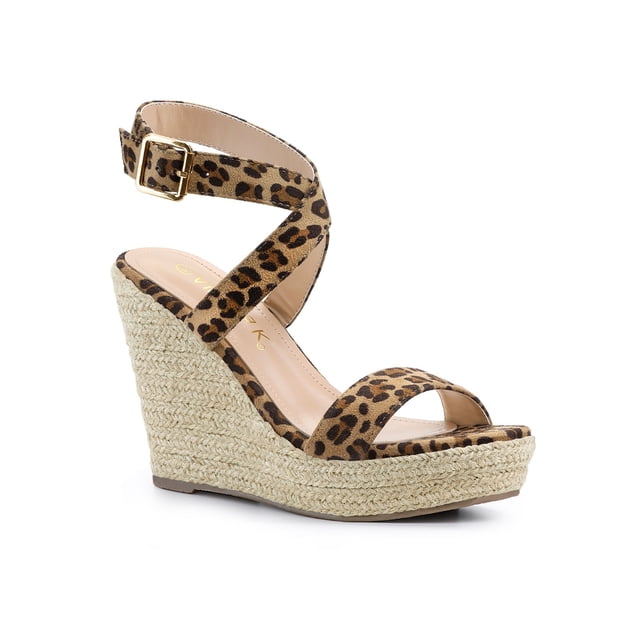 BLISSFUL STEP Chaussures pour Femmes Sandales Espadrilles à Talon Compensé Slingback à Brides Croisées Léopard 9