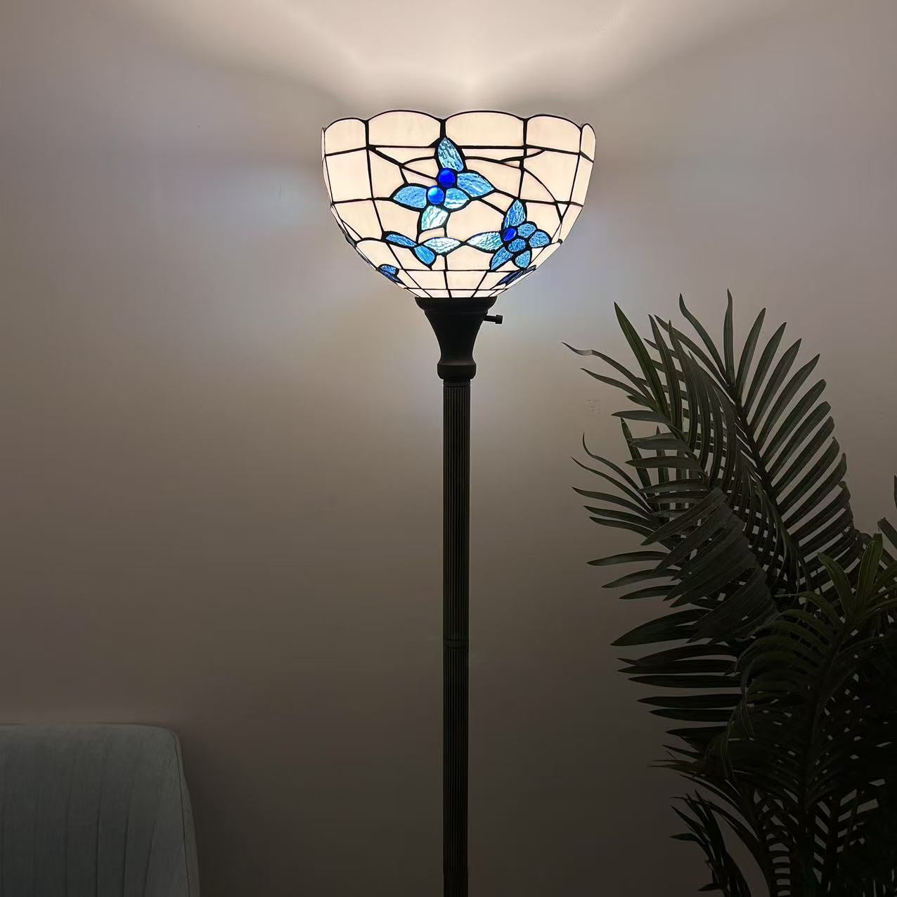 Tiffany Torch Floor Lamp White Stained Glass Flowers LED Bulb Included 12"W*12"D*66"H