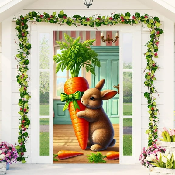 Yhmxh Spring Decor, Happy Easter Door Cover Large Bunny Door Banner Welcome Easter Spring Banner Holiday Party Decorations for Front Door Wall Indoor Outdoor Decor Spring Easter Hanging