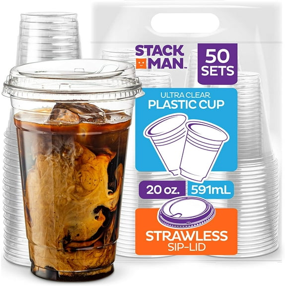 Stack Man 20 oz. Clear Cups with Strawless Sip-Lids, [50 Sets] PET Crystal Clear Disposable 20oz Plastic Cups with Lids