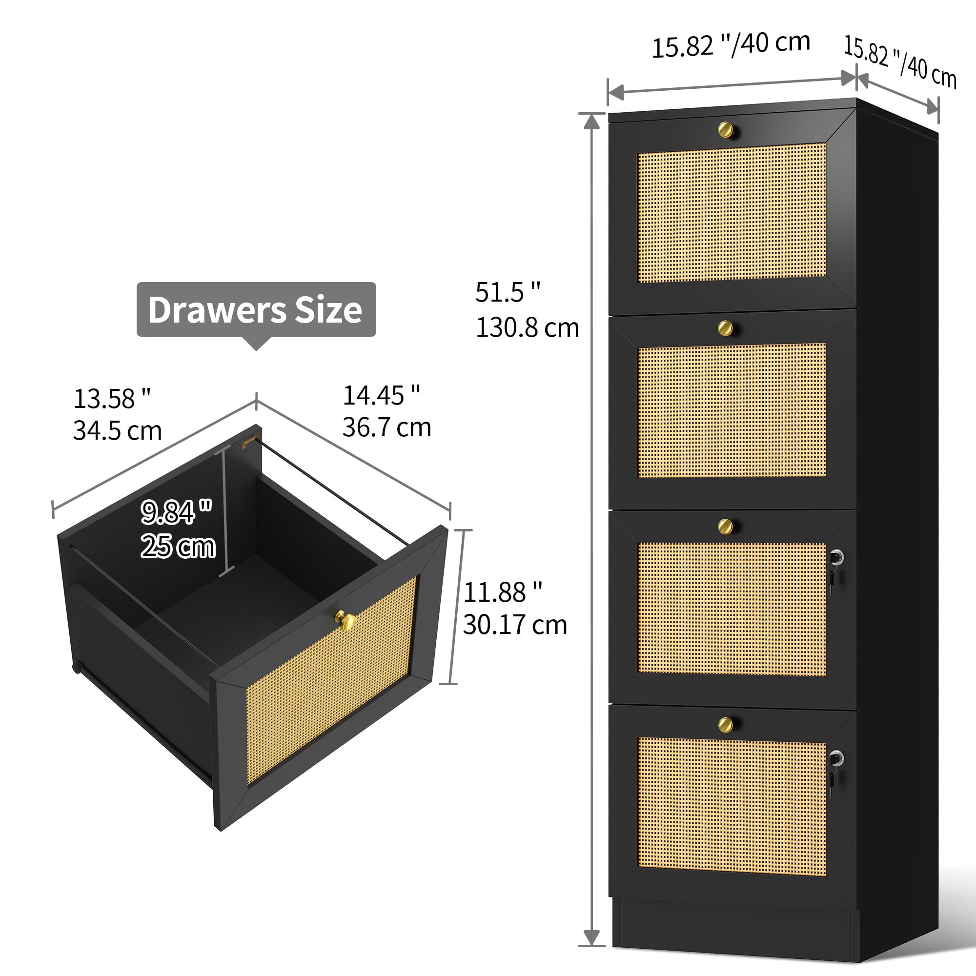 Dextrus Rattan 4-Drawer Wood File Cabinet with Lock,15.82" Deep Vertical Filing Cabinet for Letter A4-Sized Files, Chest Organizer Office Storage, Black