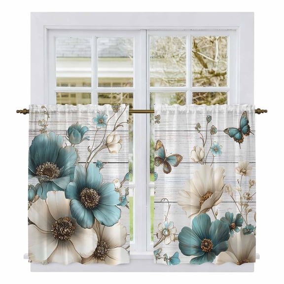 Teal Tulip Butterfly Kitchen Curtains 45 Inch Length, Beige Turquoise Floral Grey Wooden Tiers Curtains for Bathroom Bedroom Cafe, Light Filtering Small Window Treatment Drapes 2 Panels 42"Wx45"L