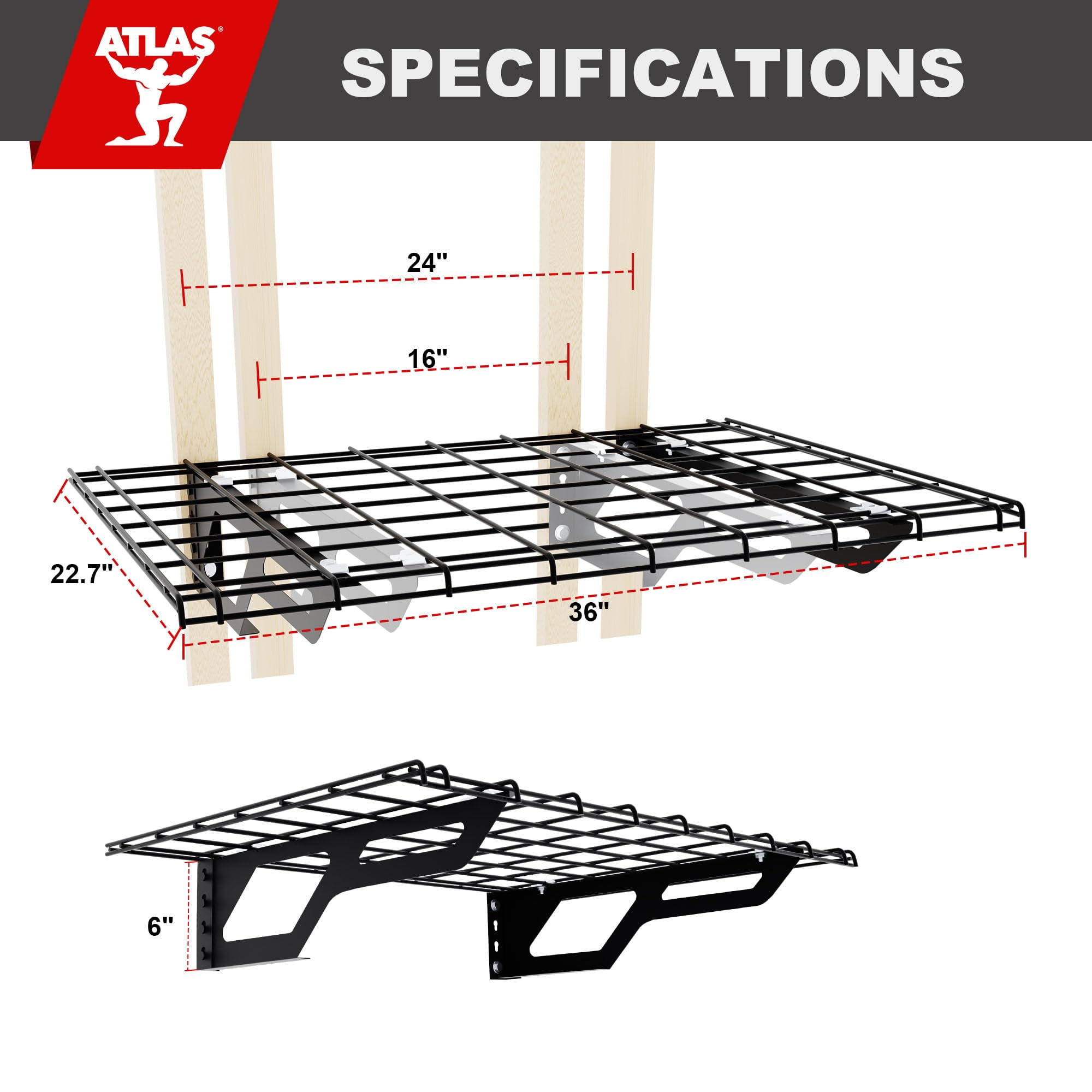 The Atlas 2-Pack 2x3 ft Garage Wall Shelves, 400lbs Heavy Duty Garage Shelving Wall Mounted, 24"x36" Metal Floating Shelf Storage Rack, Hammertone