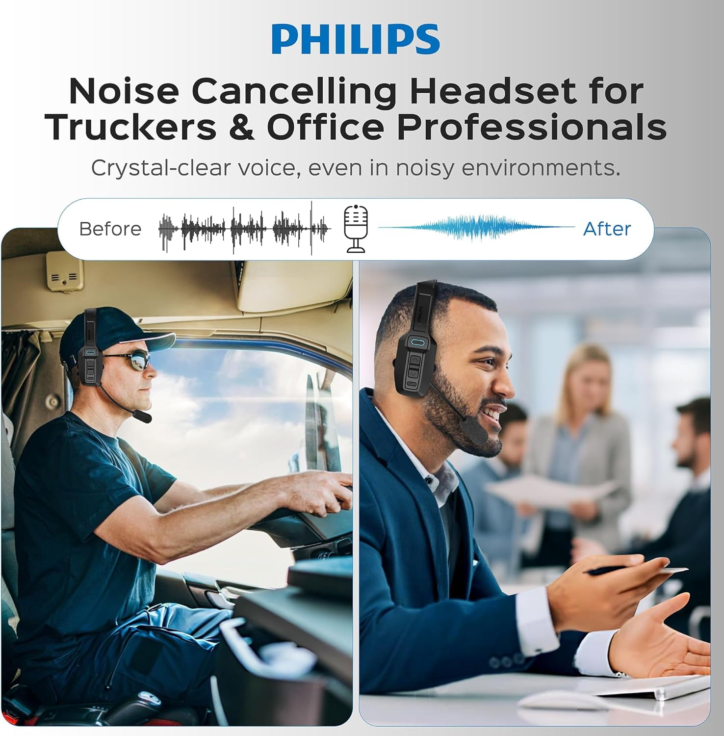Philips Bluetooth Trucker Headset, Wireless Mono Headset with Noise-Cancelling Mic & Mute Button