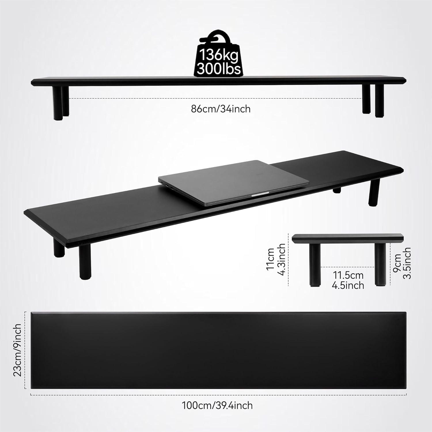 Bamboo Dual Monitor Stand Riser with Underneath Storage, Ergonomic Desk Shelf Supports PC Computer Monitor, Printer, TV for Home, Office, Black