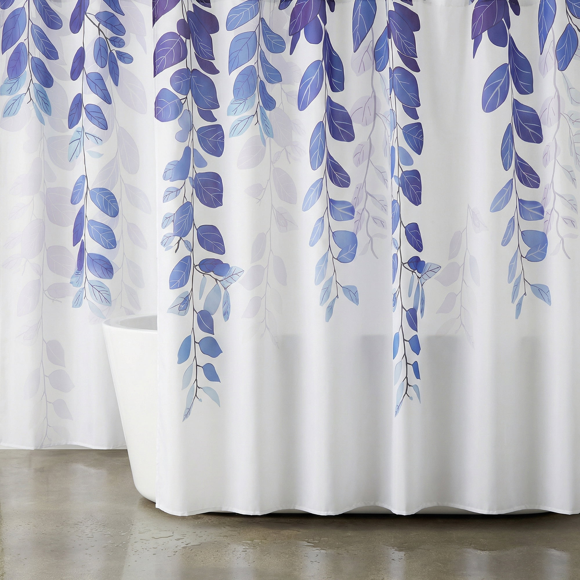 Unique Bargains Waterproof Plant-Print Shower Curtain Set with 12 Hooks Blue 71"W x 71"L