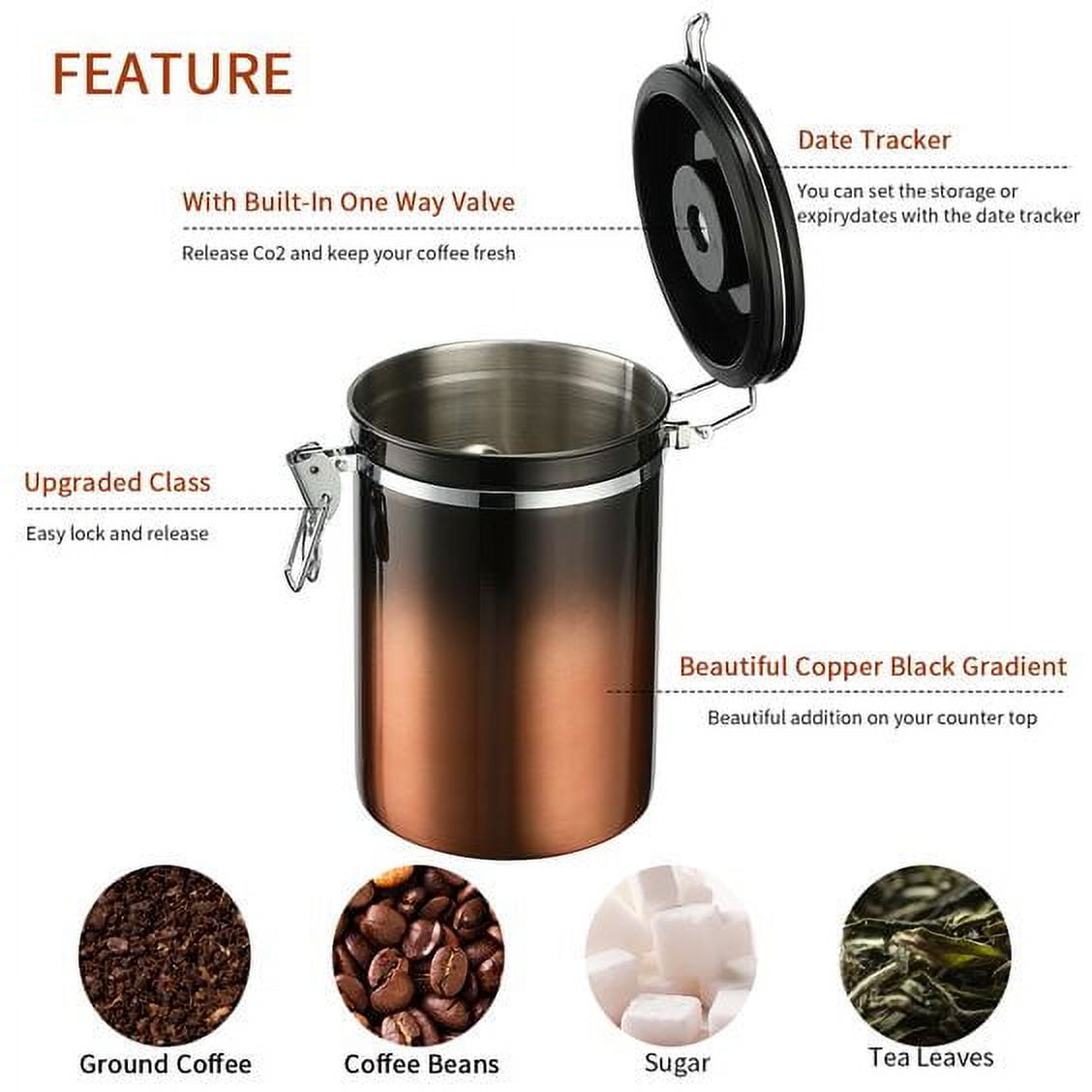 Food Stainless Gradient Kitchen Steel Malmo with Tracker Canister,Airtight Coffee Date 12oz, Copper Storage Coffee Container Gradient Lid, for Canister