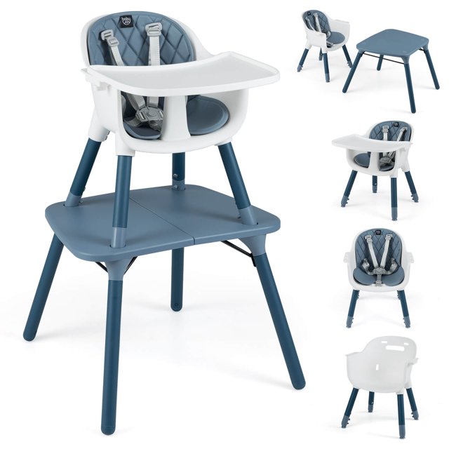 Babyjoy 4 in 1 Baby High Chair Convertible Toddler Table Chair Set with PU Cushion Blue White