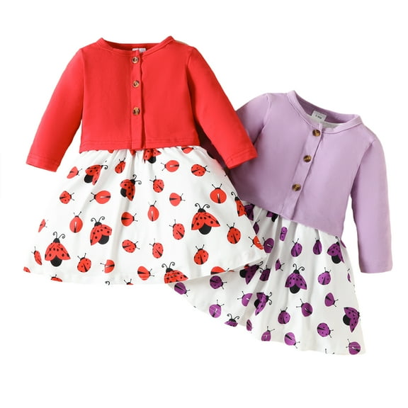 Godderr 6M-3Y Girls Sleeveless Dress Set,Baby Girls Long Sleeve Cardigan Jacket Dress,Ladybug Print Dress Casual Dress,Toddler Fall Solid Color Dress