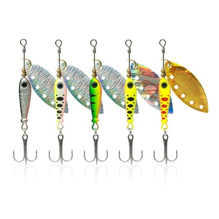 5Pcs 5.7CM/9G Fishing Lure with Spinner Blade Hook Long Casting Metal Rotating Sequin Spoon Spinnerbait Saltwater Freshwater Bass Pike Walleye Fishing Accessories