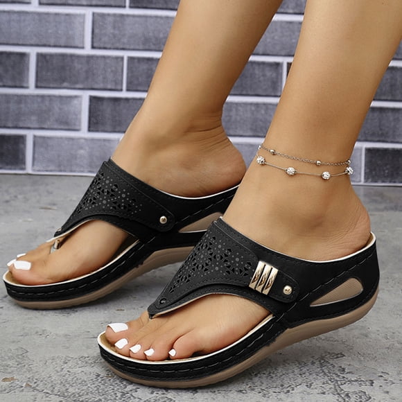 Fridja Women Sandals Women's Trendy Casual Spring and Summer New Solid Color Thong Wedge Heel Flip Flops Gift for Friends (Black,6)