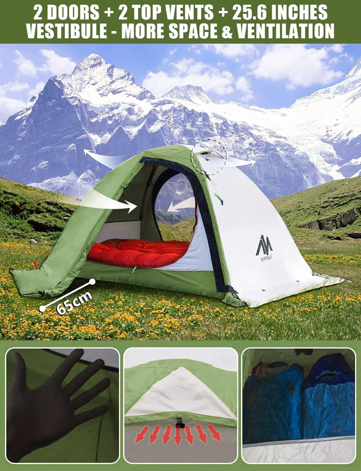 IC ICLOVER 4 Season Backpacking Tent for 2 Person Ultralight Waterproof All Weather Double Layer Camping Tents for Backpacker Outdoor Hiking Survival - Green
