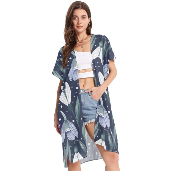 Beach Vacation Clothes Kimono Cardigan Loose Swimsuit Cover Up for Women Beautiful Snowdrops Flowers S
