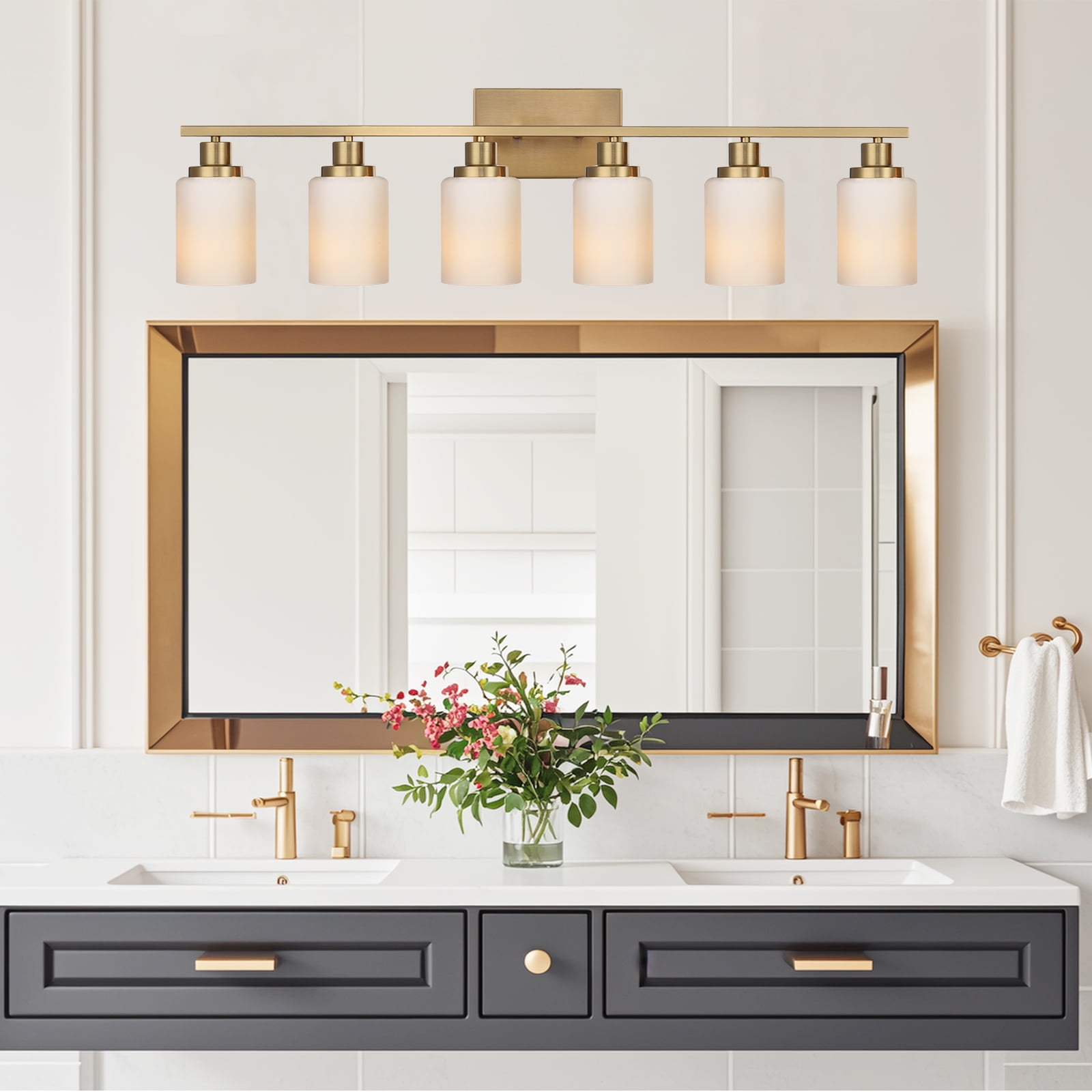Melucee Modern Bathroom Light Fixtures, 6 Light Vanity Lights, Brass Wall Lamp with White Glass for Bathroom